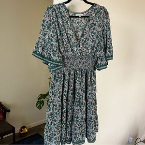Max Studio Green Floral Faux Wrap Smocked Waist Mini Dress